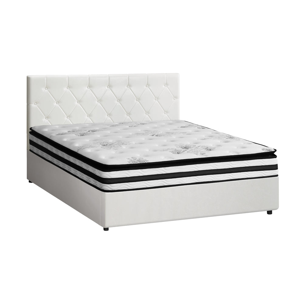 Luxury Gas Lift Bed With Mattress And White Leather Upholstery