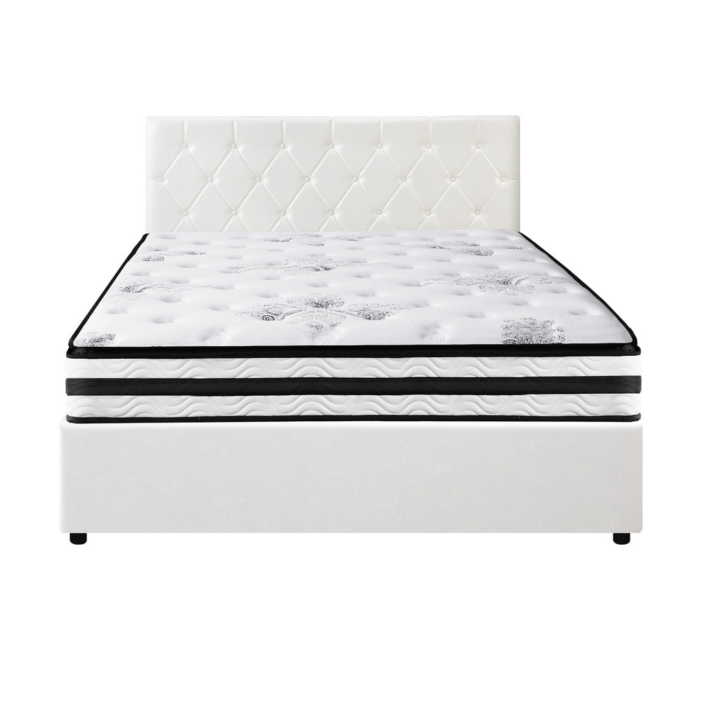 Luxury Gas Lift Bed With Mattress And White Leather Upholstery