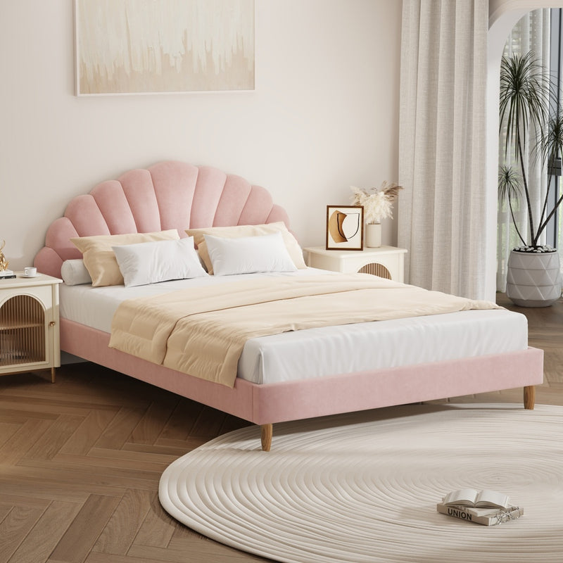 Bed Frame Double Size Scallop-Shape Bedhead Velvet/Boucle | Velvet finish
