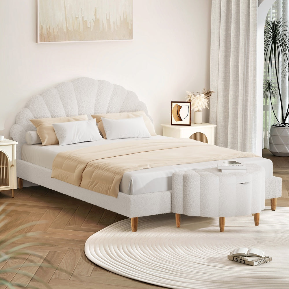 Elegant Double Bed Frame Boucle Ottoman Set Scallop Bedhead Upholstered