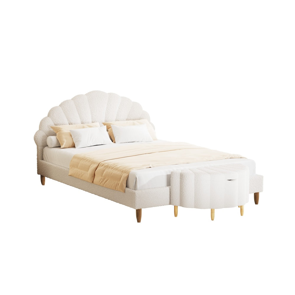 Elegant Double Bed Frame Boucle Ottoman Set Scallop Bedhead Upholstered