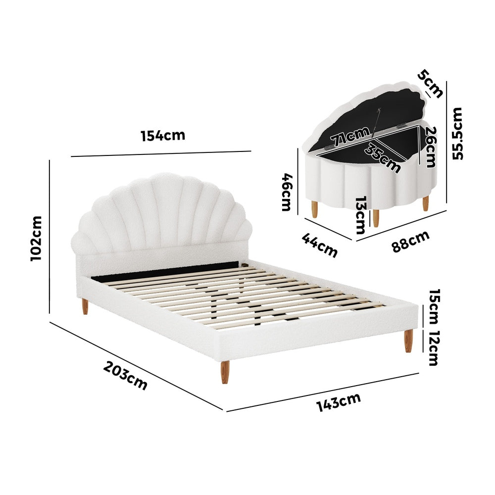 Elegant Double Bed Frame Boucle Ottoman Set Scallop Bedhead Upholstered