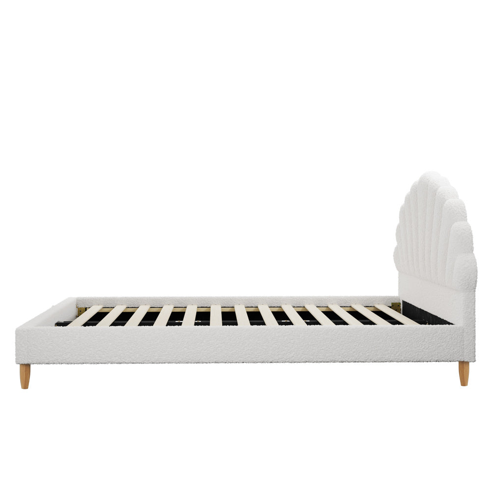Elegant Double Bed Frame Boucle Ottoman Set Scallop Bedhead Upholstered