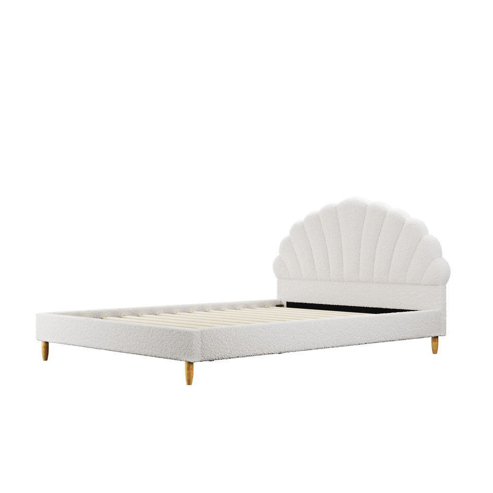 Elegant Double Bed Frame Boucle Ottoman Set Scallop Bedhead Upholstered