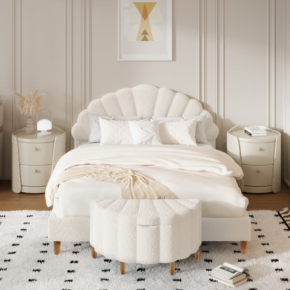Elegant Double Bed Frame Boucle Ottoman Set Scallop Bedhead Upholstered