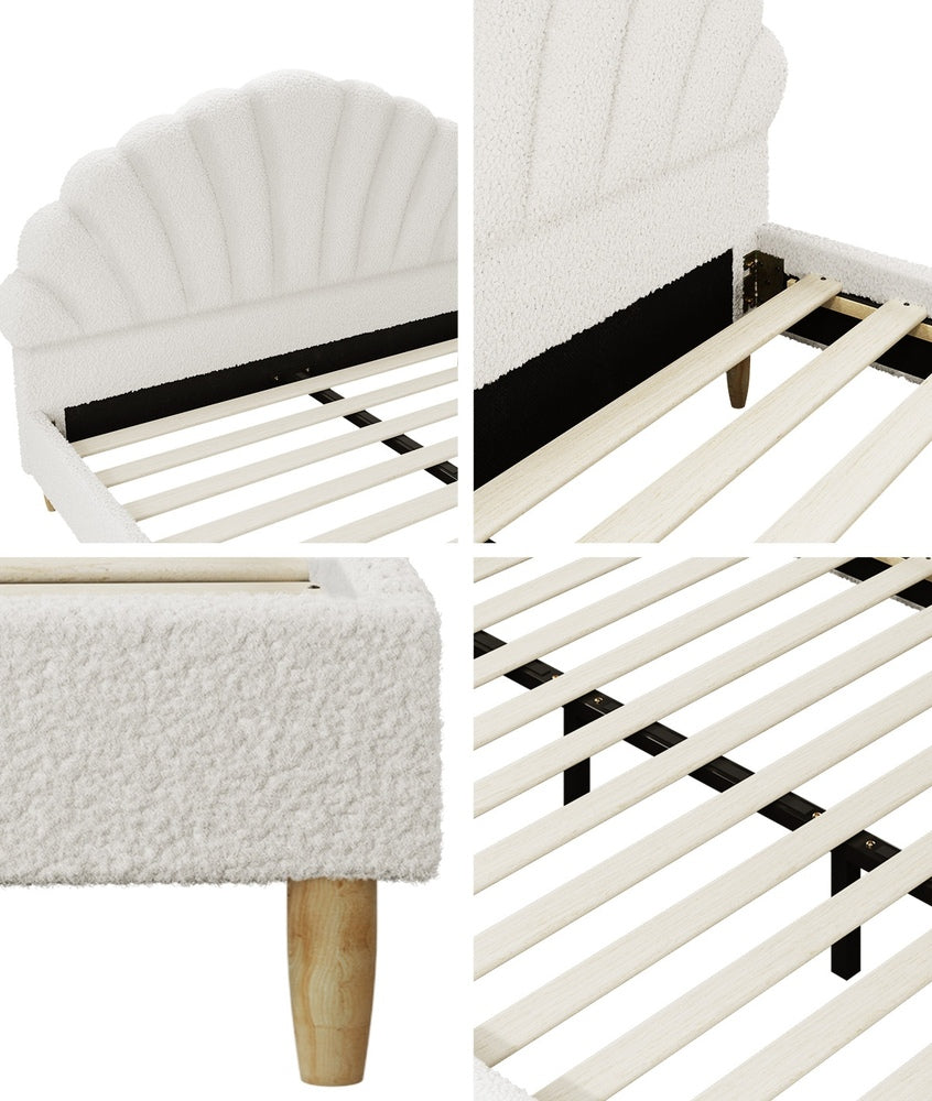 Elegant Double Bed Frame Boucle Ottoman Set Scallop Bedhead Upholstered