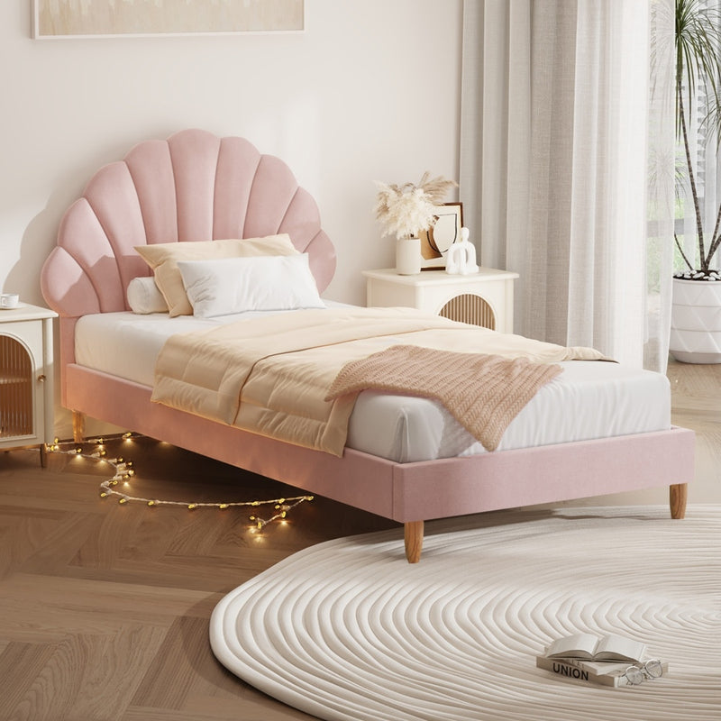 Bed Frame Single Size Scallop-Shape Bedhead White Boucle, Bed Frame