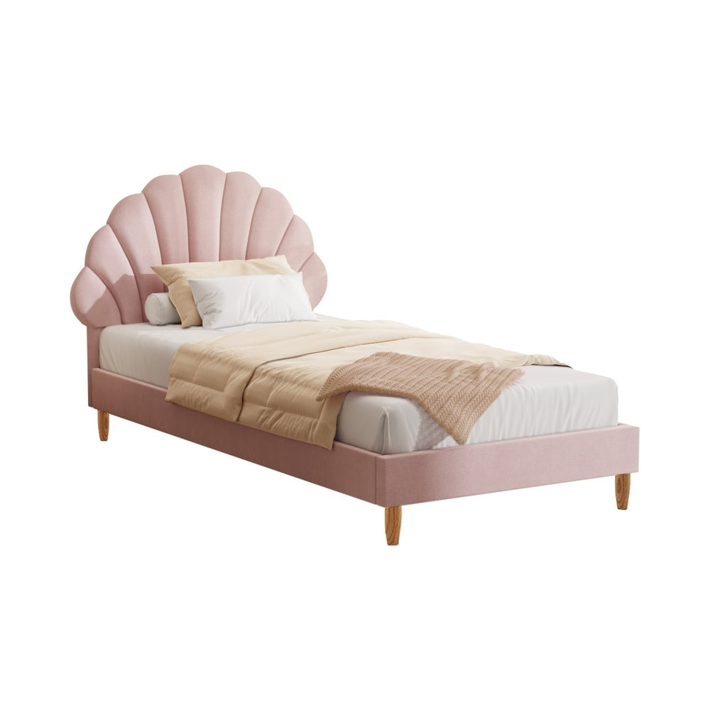 Bed Frame Single Size Scallop-Shape Bedhead White Boucle