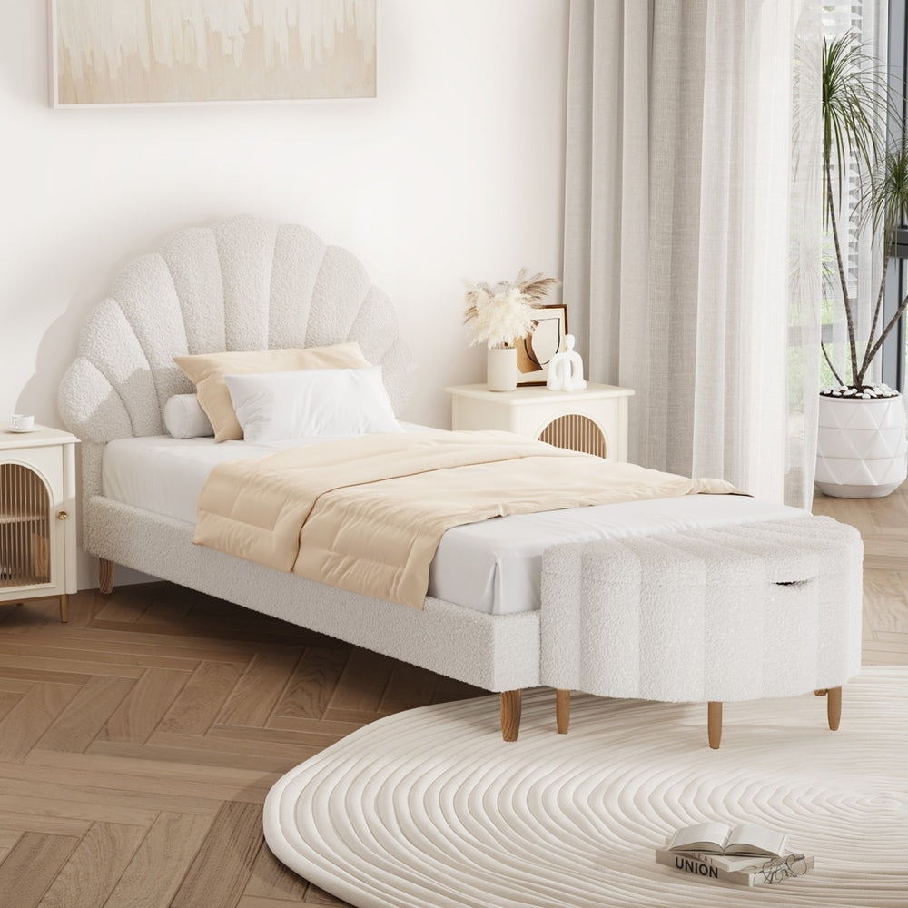 Stylish Scallop Sherpa Boucle Bed Frame With Ottoman Set Single