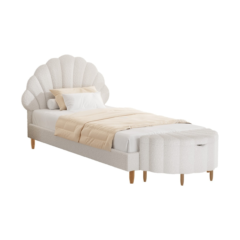 Stylish Scallop Sherpa Boucle Bed Frame With Ottoman Set Single