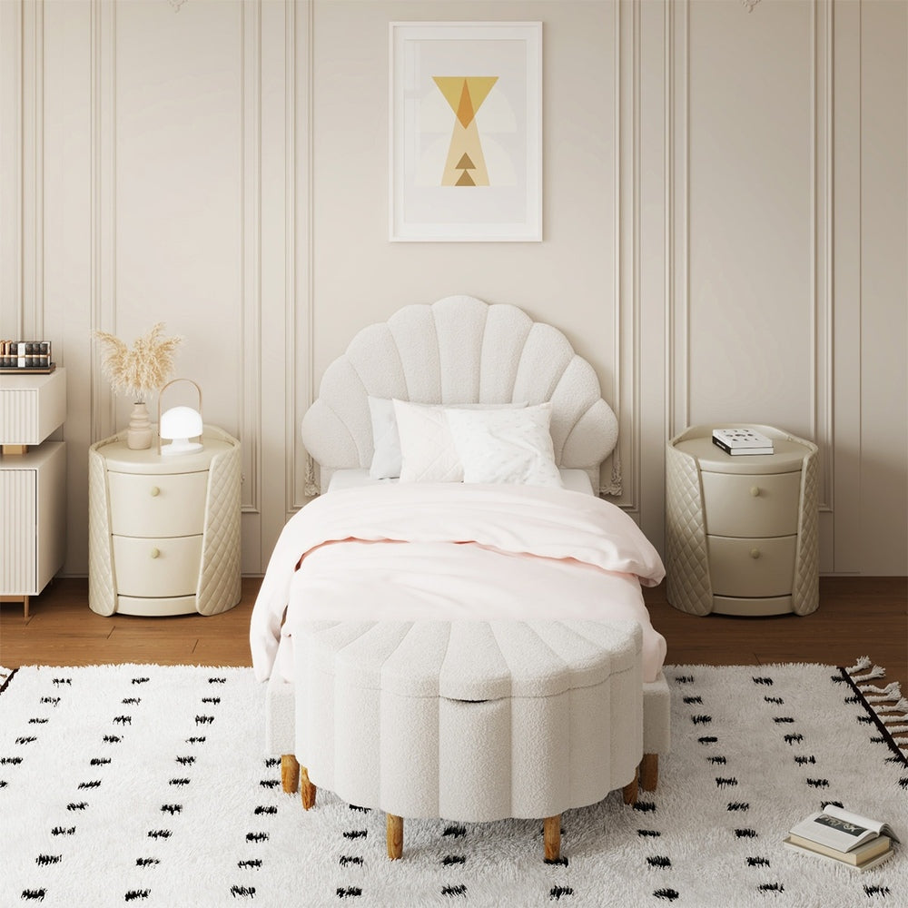Stylish Scallop Sherpa Boucle Bed Frame With Ottoman Set Single
