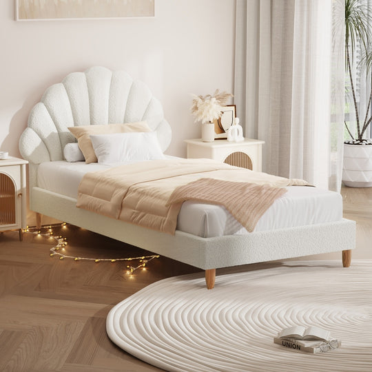 Chic Single Bed Frame Velvet Scallop Bedhead Upholstered