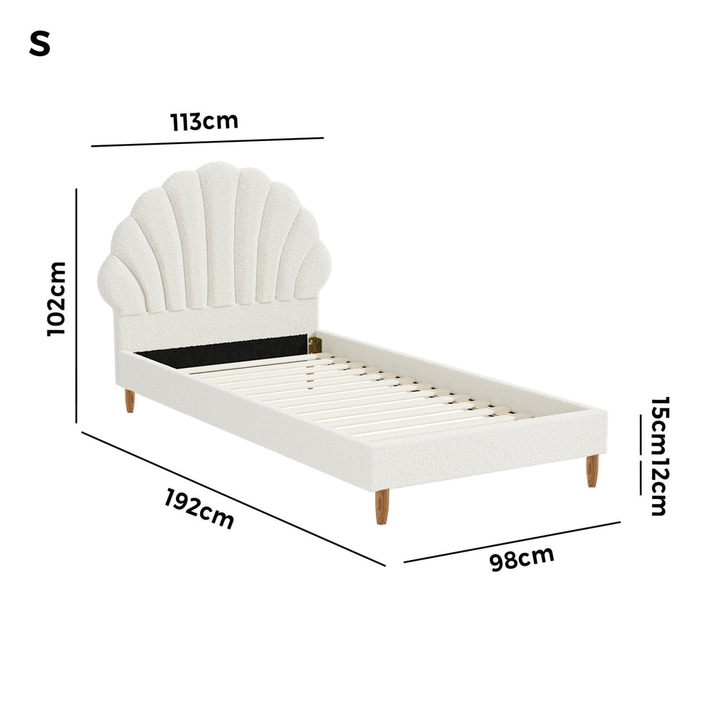 Bed Frame Single Size Scallop-Shape Bedhead White Boucle