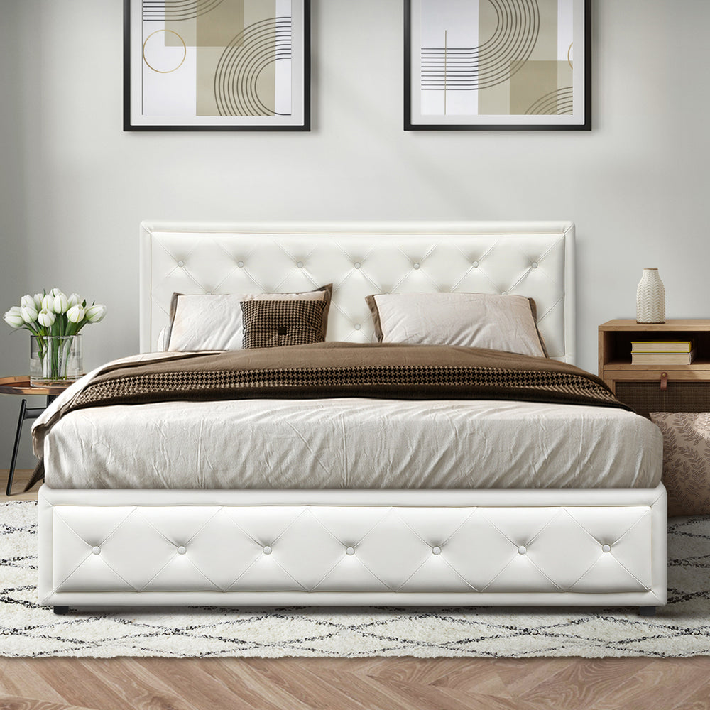 Sleek Gas Lift Bed Frame with Storage Space White
