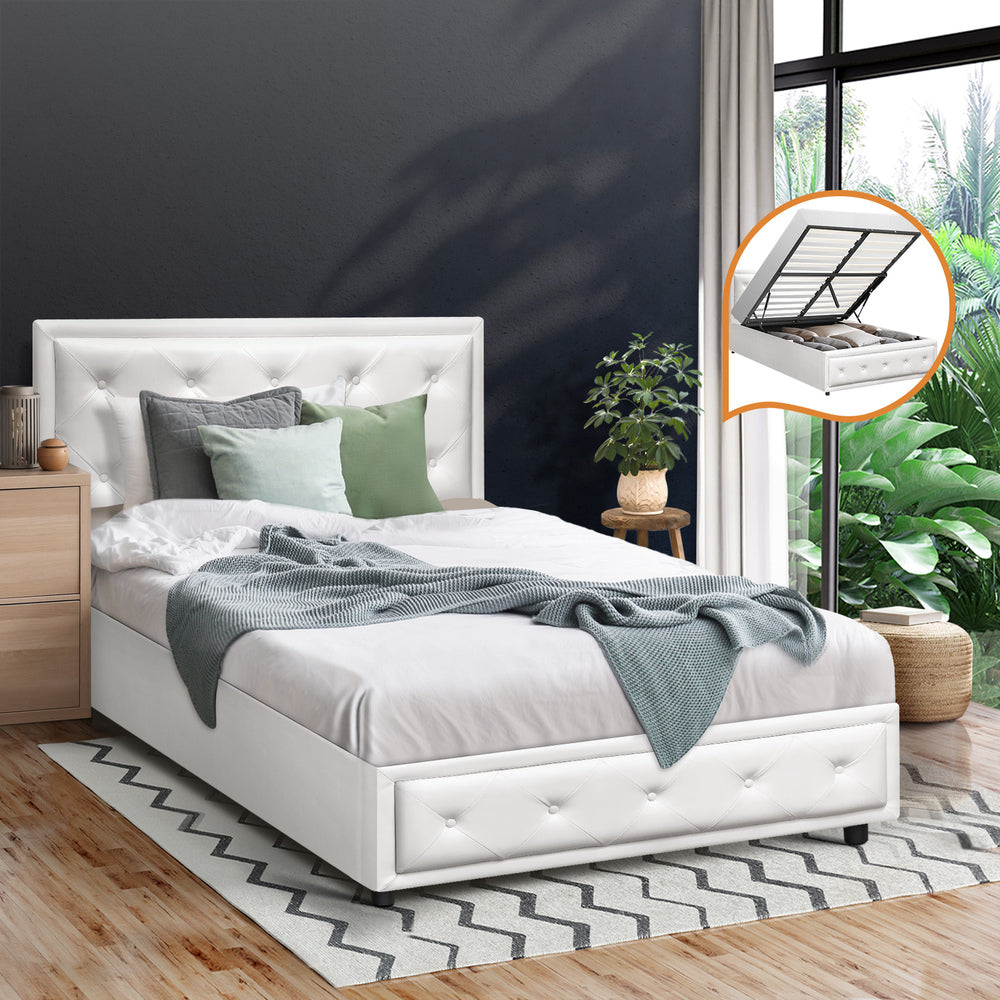 Sleek Gas Lift Bed Frame with Storage Space White