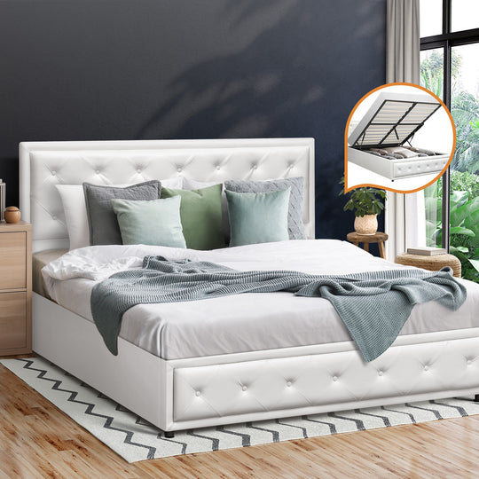 Modern White Gas Lift Bed Frame with Built-In Storage Queen