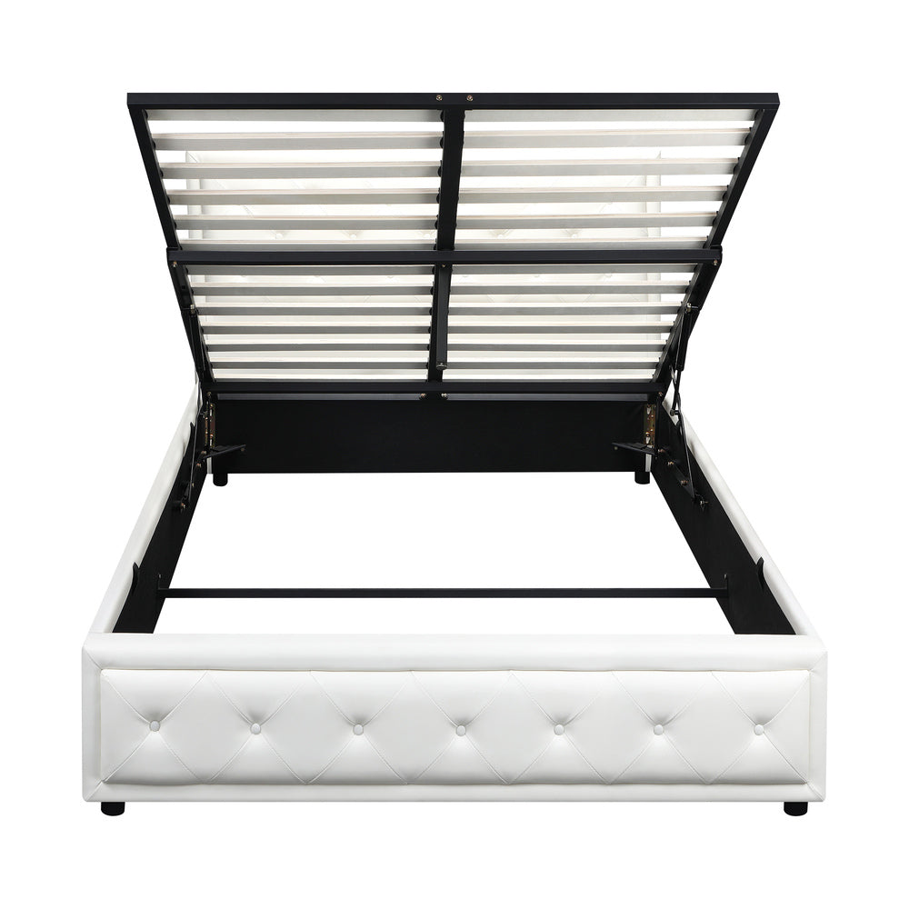 Modern White Gas Lift Bed Frame with Built-In Storage Queen Bedroom