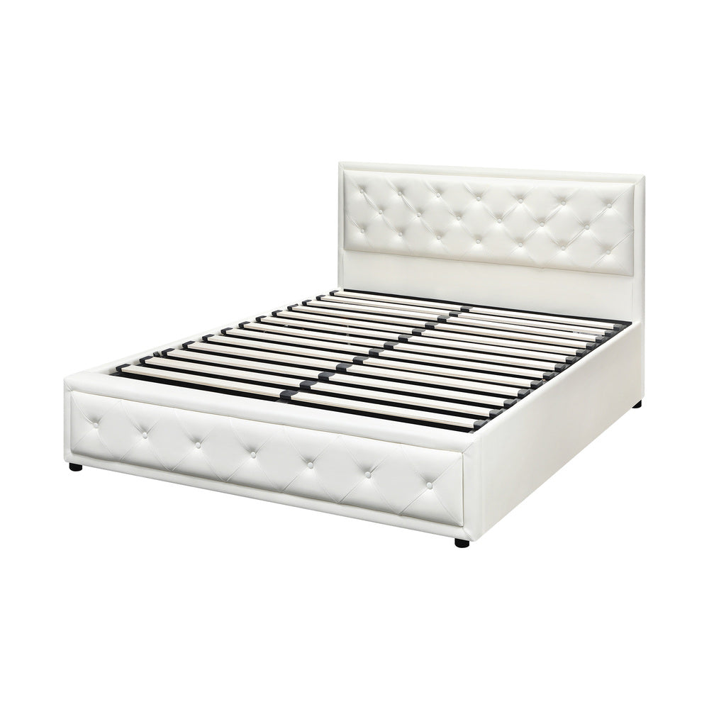 Modern White Gas Lift Bed Frame with Built-In Storage Queen Bedroom