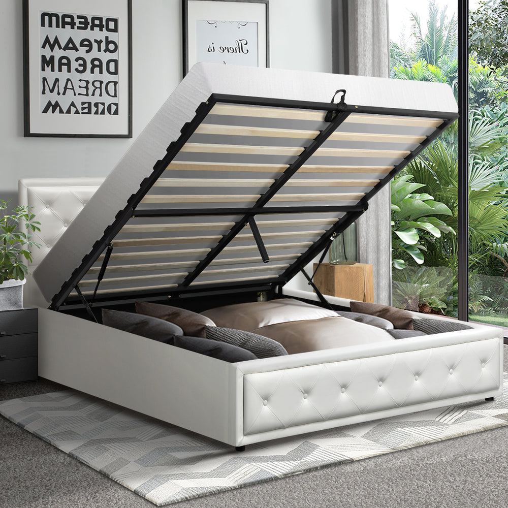 Modern White Gas Lift Bed Frame with Built-In Storage Queen Bedroom