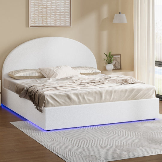 King Bed Frame Gas Lift LED Storage Boucle - Bed Frame