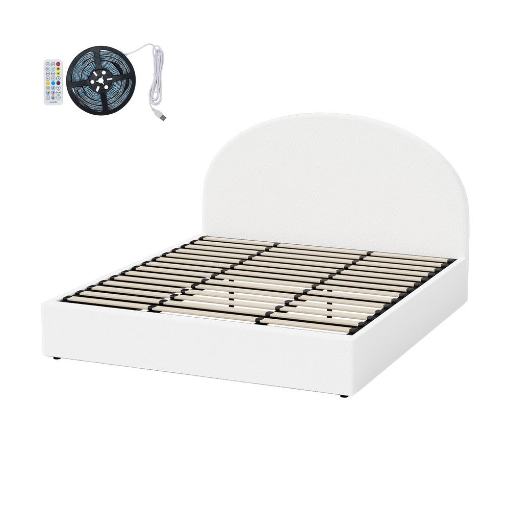 King Bed Frame Gas Lift LED Storage Boucle | Simpledeals