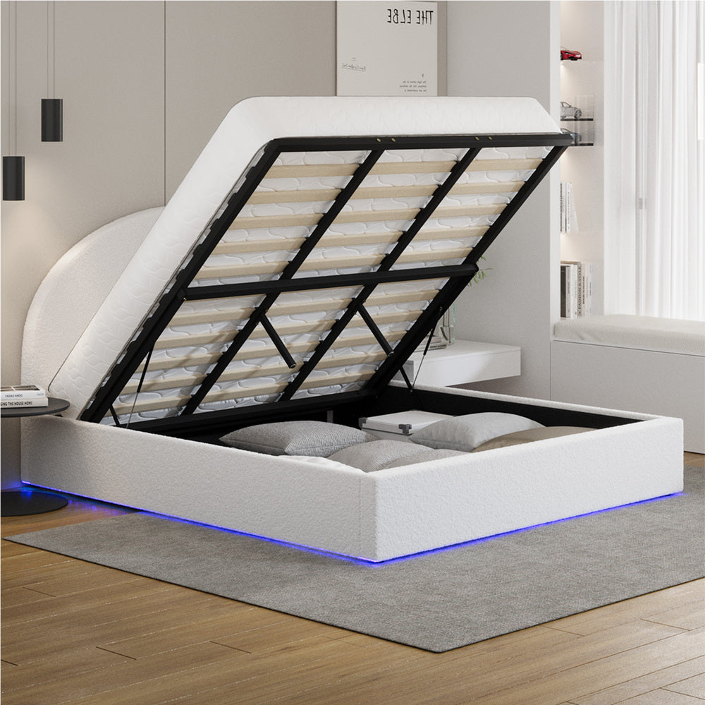 King Bed Frame Gas Lift LED Storage Boucle | Simpledeals