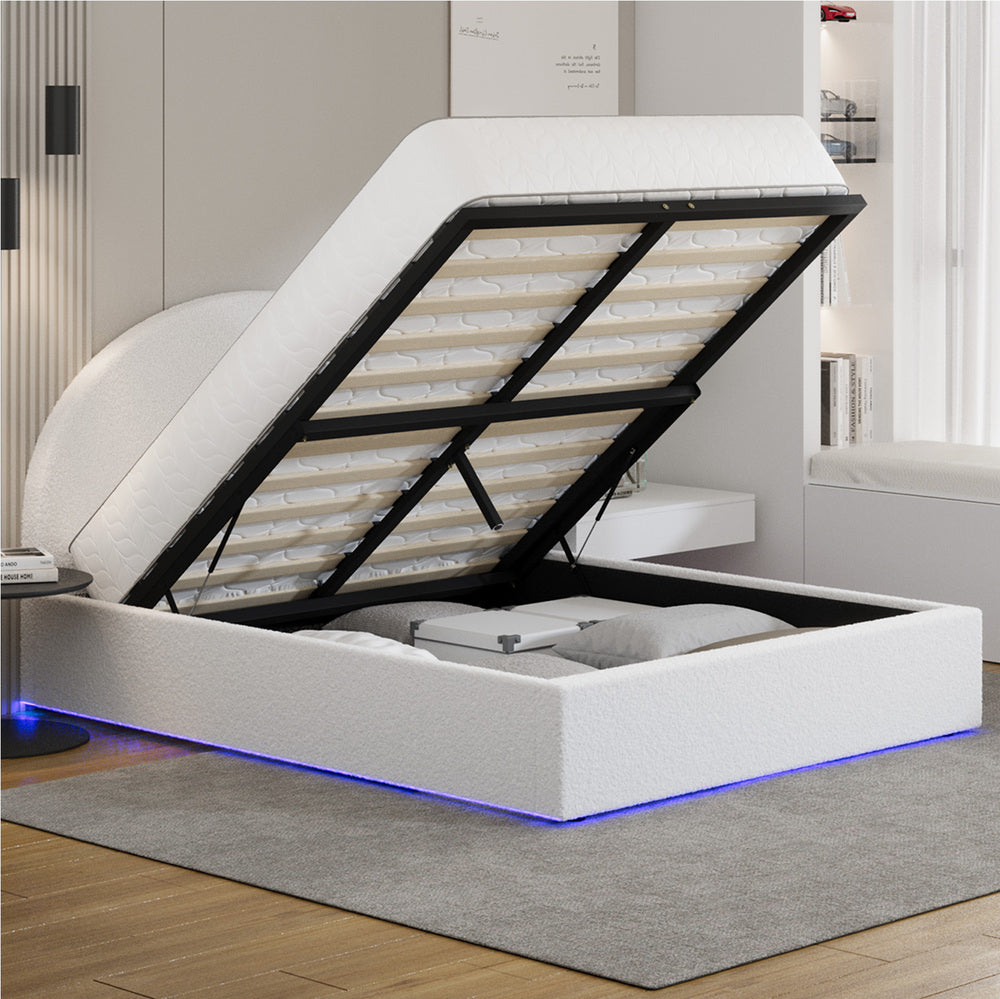 Queen Gas Lift Bed Boucle LED Storage Base | Simpledeals
