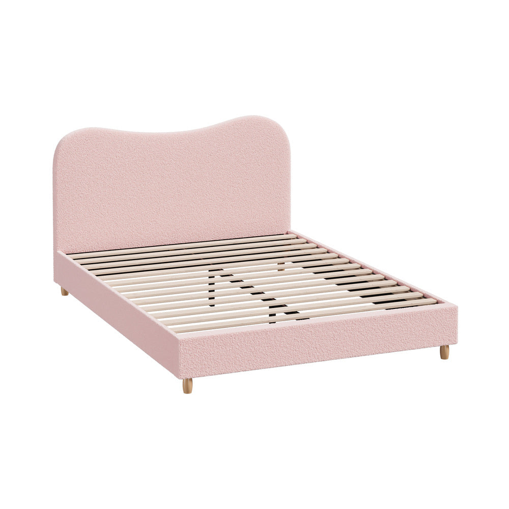 Stylish Pink Boucle Bed Frame with Cloud-Shaped Headboard Double