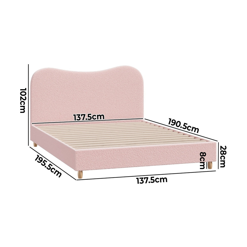 Stylish Pink Boucle Bed Frame with Cloud-Shaped Headboard Double