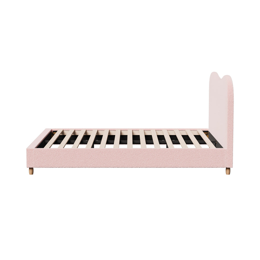Stylish Pink Boucle Bed Frame with Cloud-Shaped Headboard Double