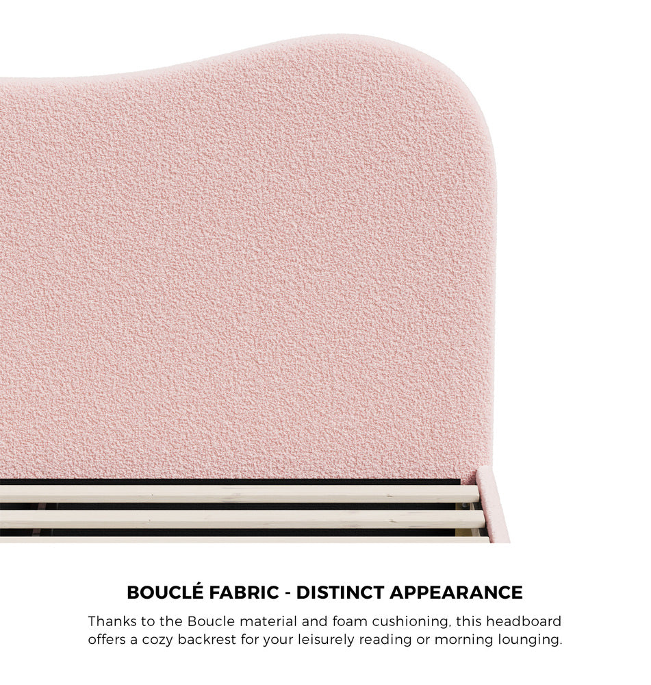 Stylish Pink Boucle Bed Frame with Cloud-Shaped Headboard Double