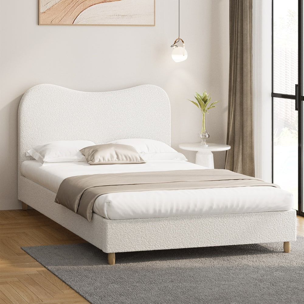 Contemporary White Boucle Bed Frame with Cloud-Shaped Headboard