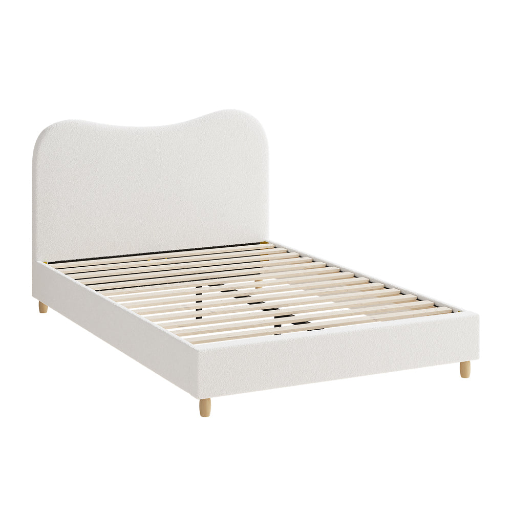 Contemporary White Boucle Bed Frame with Cloud-Shaped Headboard