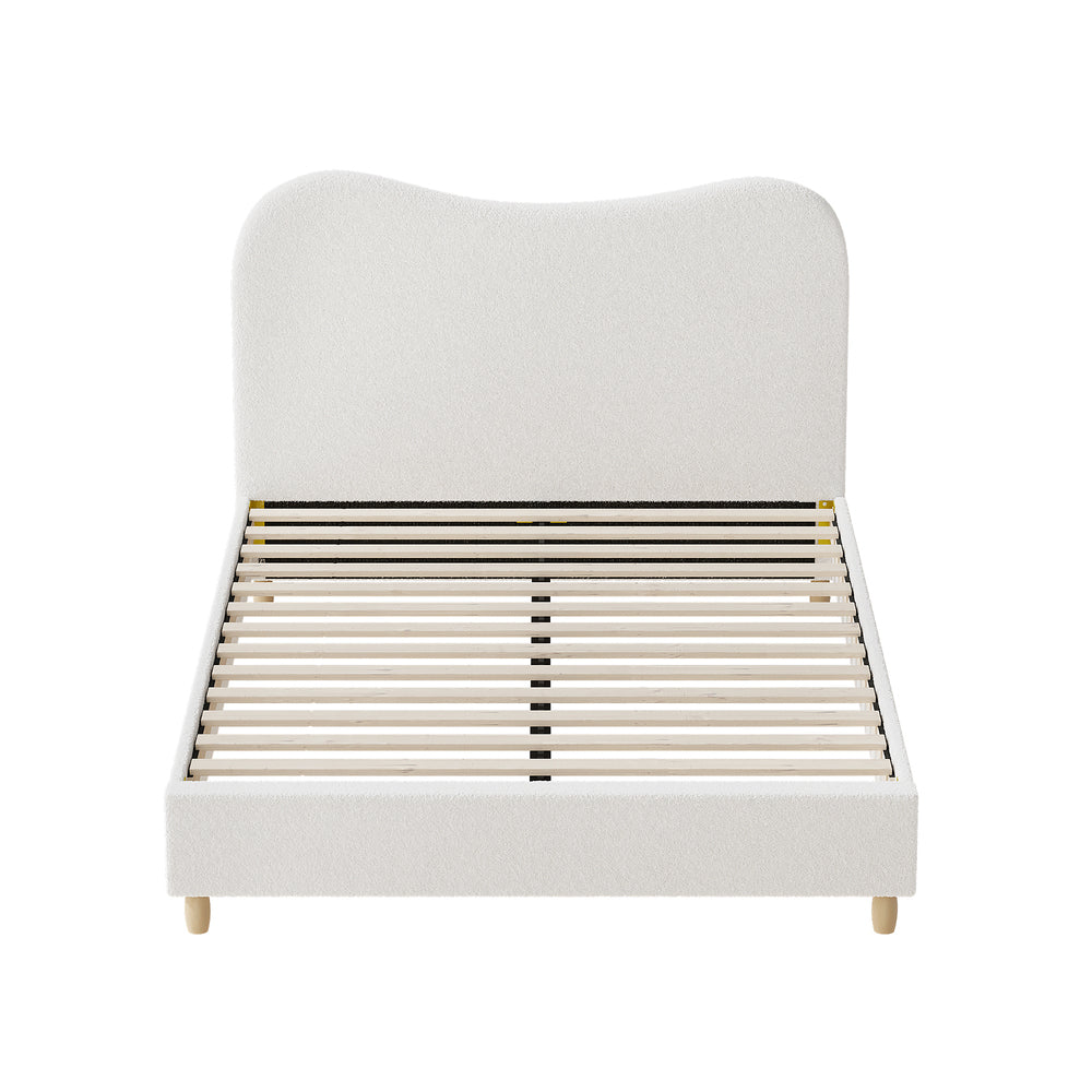 Contemporary White Boucle Bed Frame with Cloud-Shaped Headboard