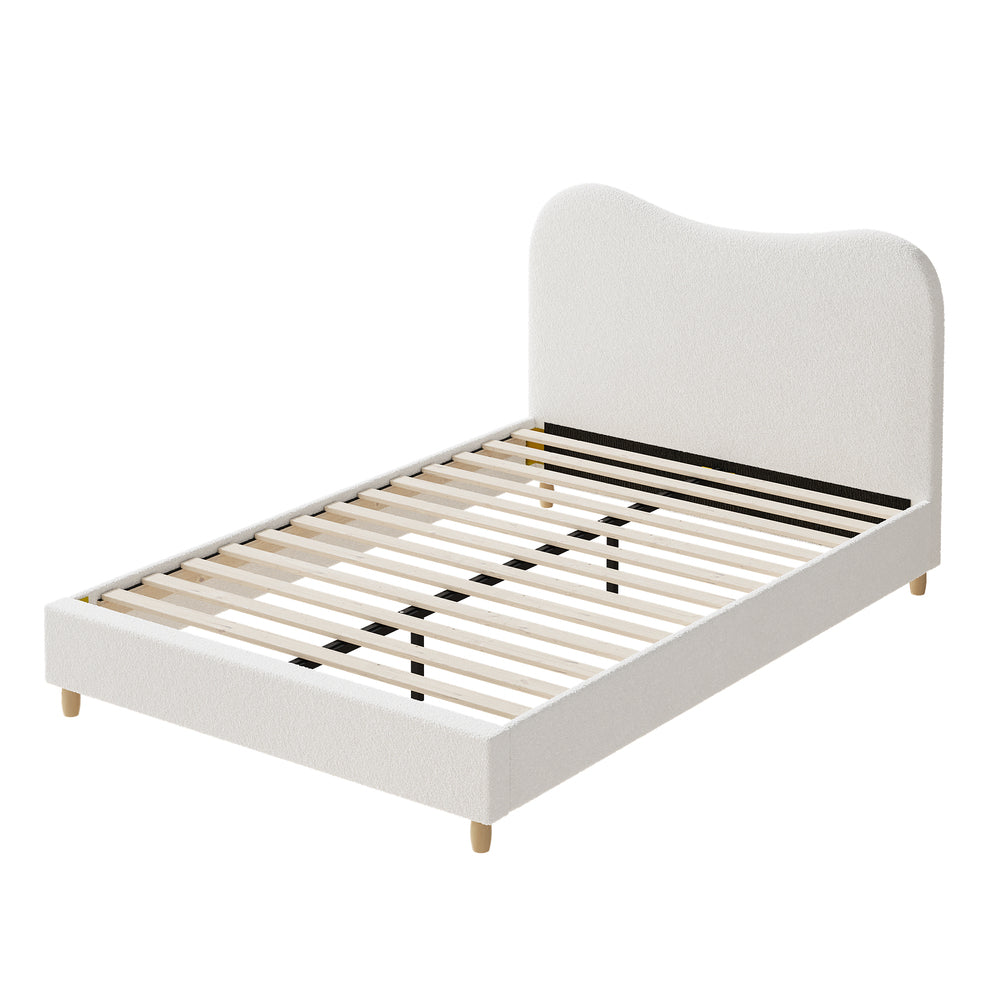 Contemporary White Boucle Bed Frame with Cloud-Shaped Headboard