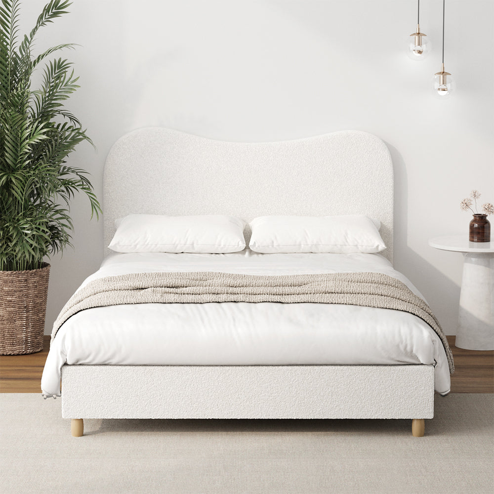 Contemporary White Boucle Bed Frame with Cloud-Shaped Headboard