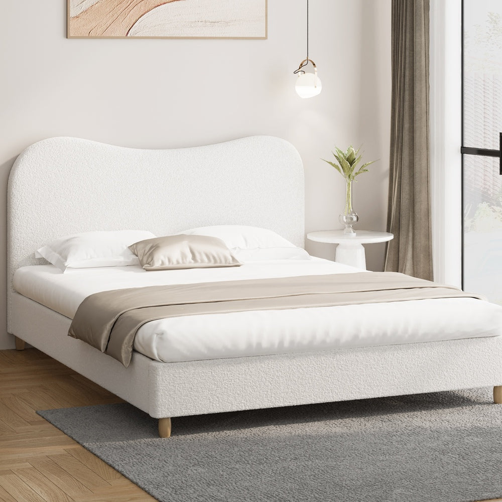 Contemporary White Boucle Bed Frame with Cloud-Shaped Headboard