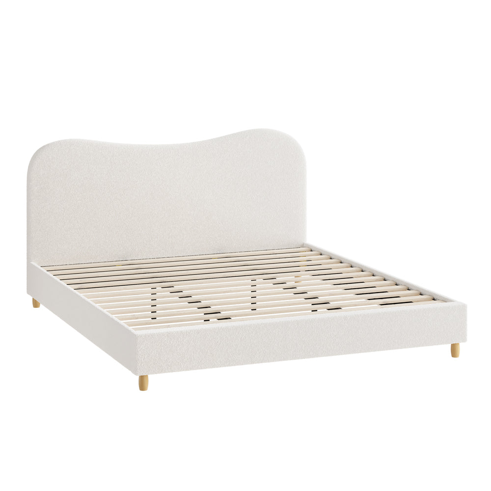 Contemporary White Boucle Bed Frame with Cloud-Shaped Headboard