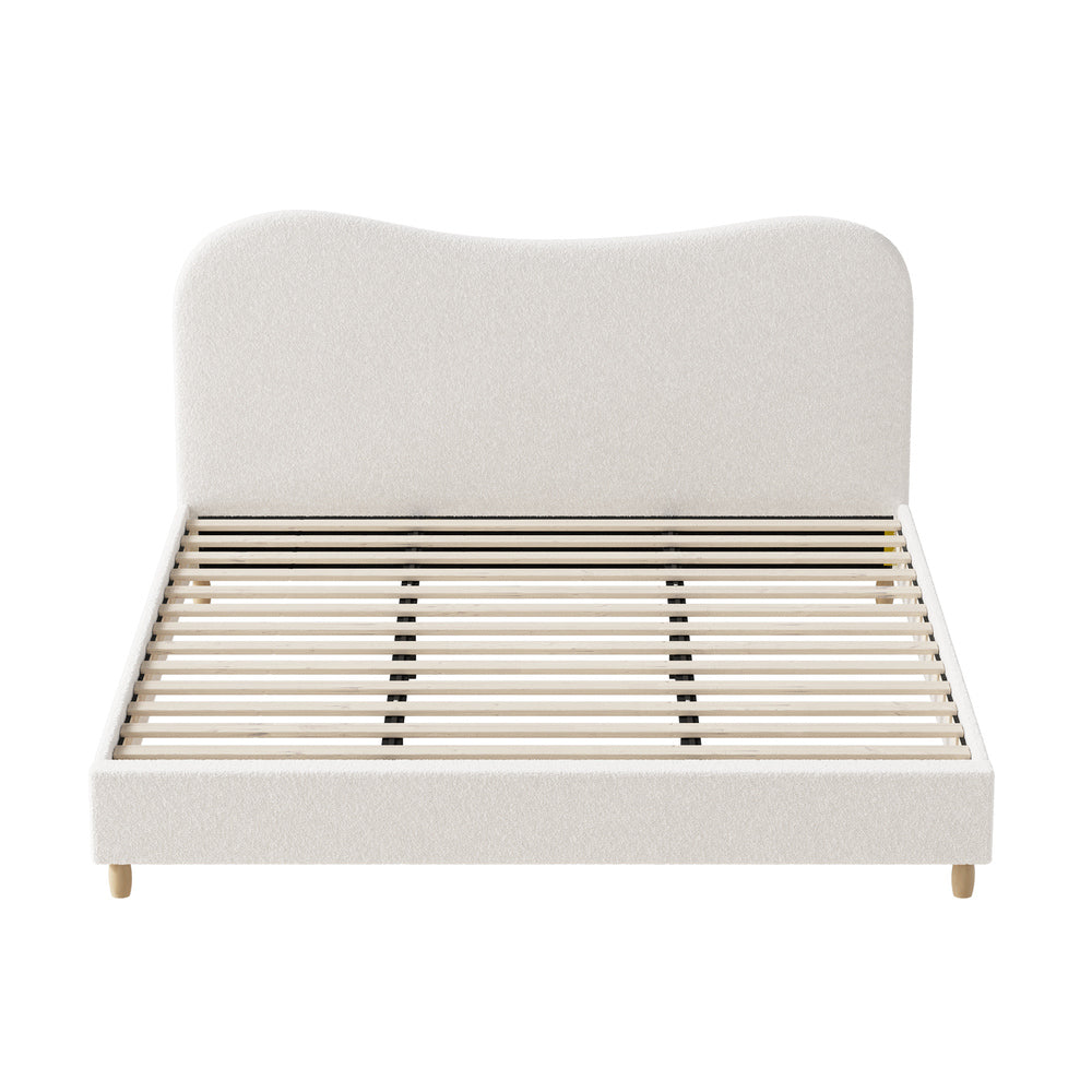 Contemporary White Boucle Bed Frame with Cloud-Shaped Headboard
