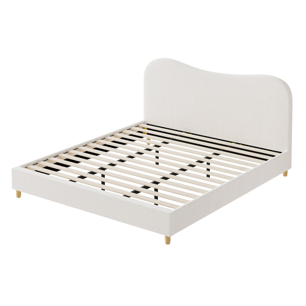Contemporary White Boucle Bed Frame with Cloud-Shaped Headboard
