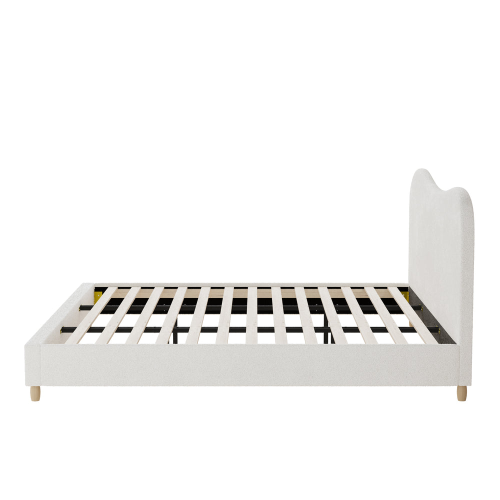 Contemporary White Boucle Bed Frame with Cloud-Shaped Headboard