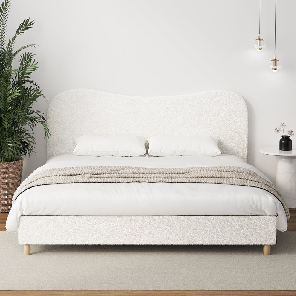 Contemporary White Boucle Bed Frame with Cloud-Shaped Headboard