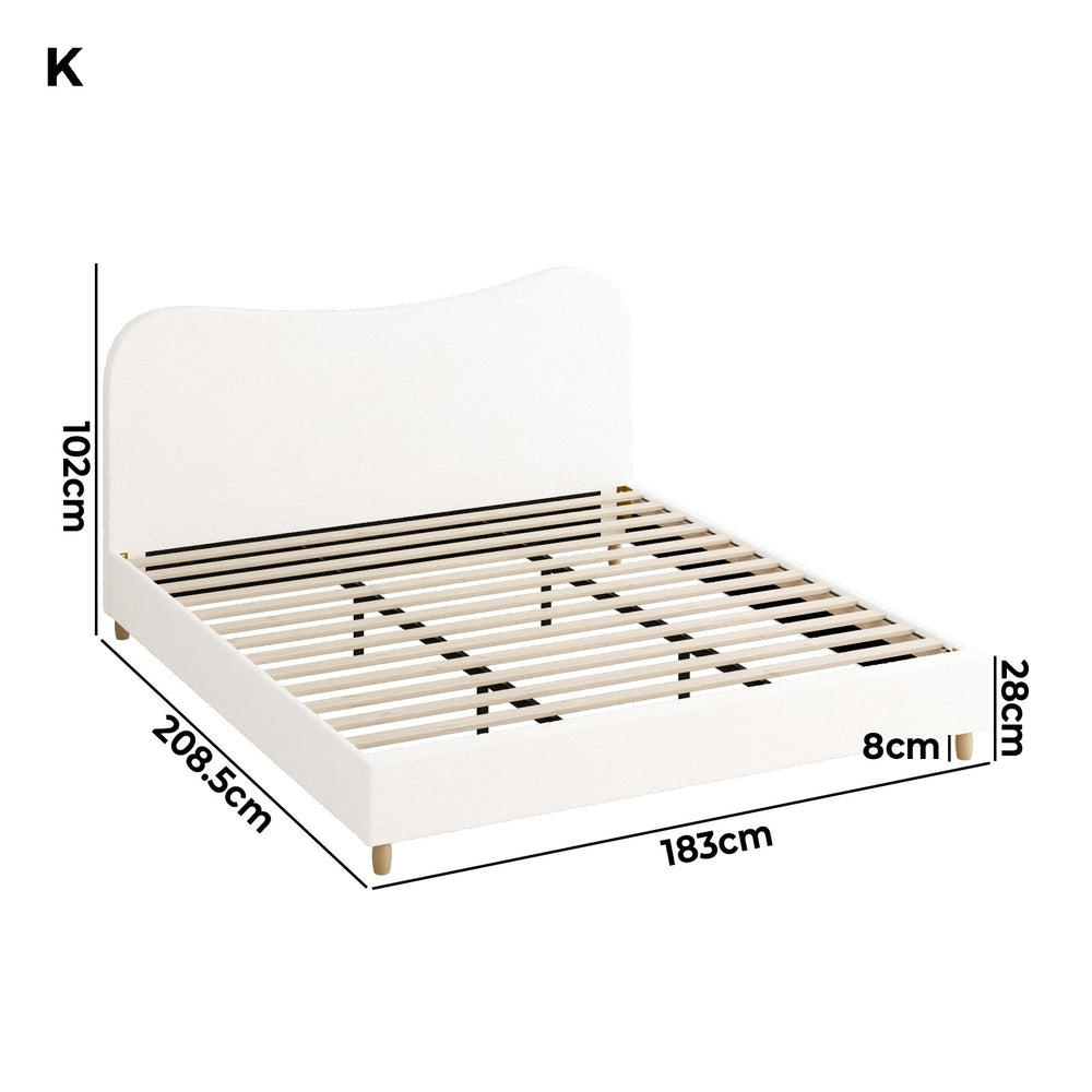 Contemporary White Boucle Bed Frame with Cloud-Shaped Headboard