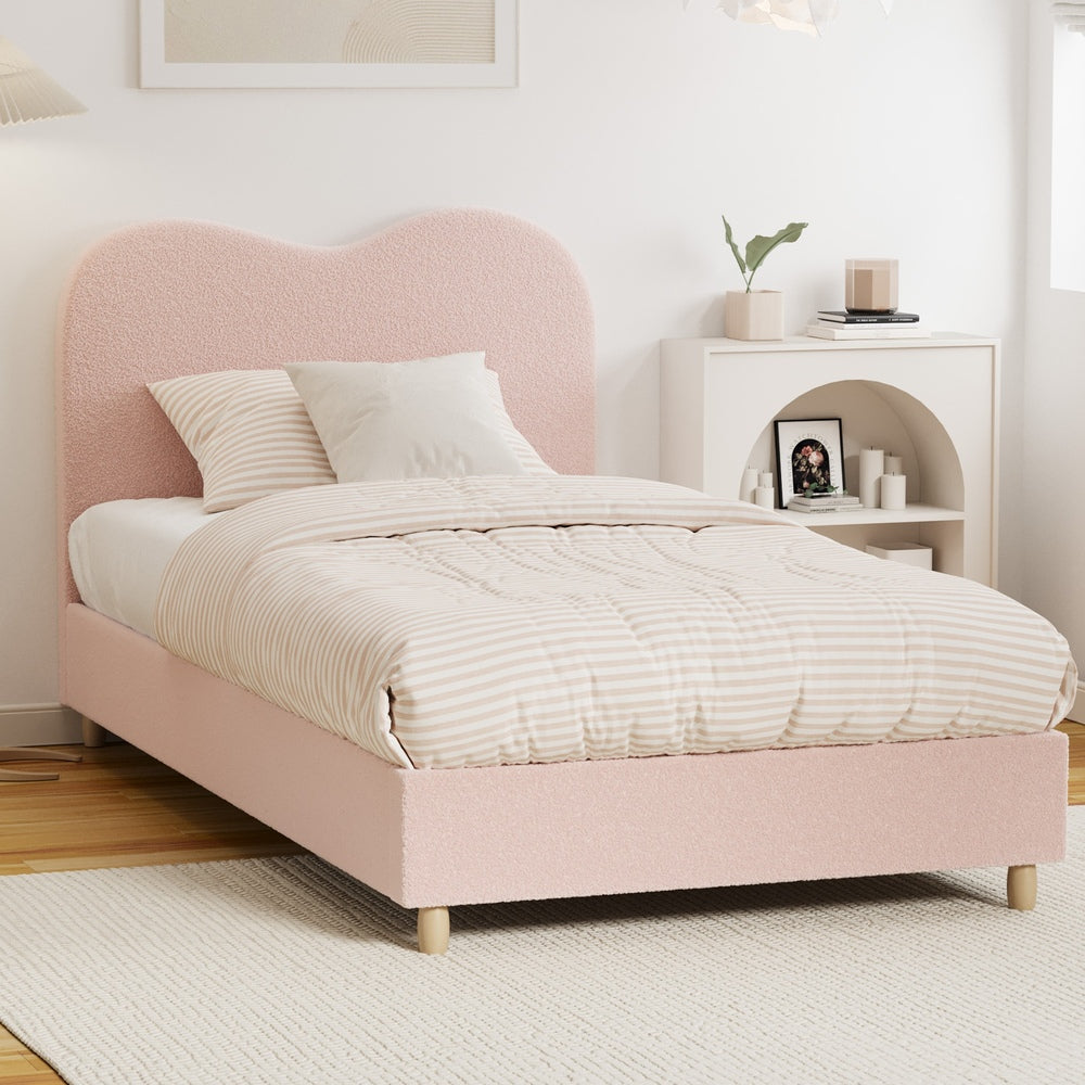 Modern Pink Boucle Bed Frame with Cloud-Shaped Headboard King Single