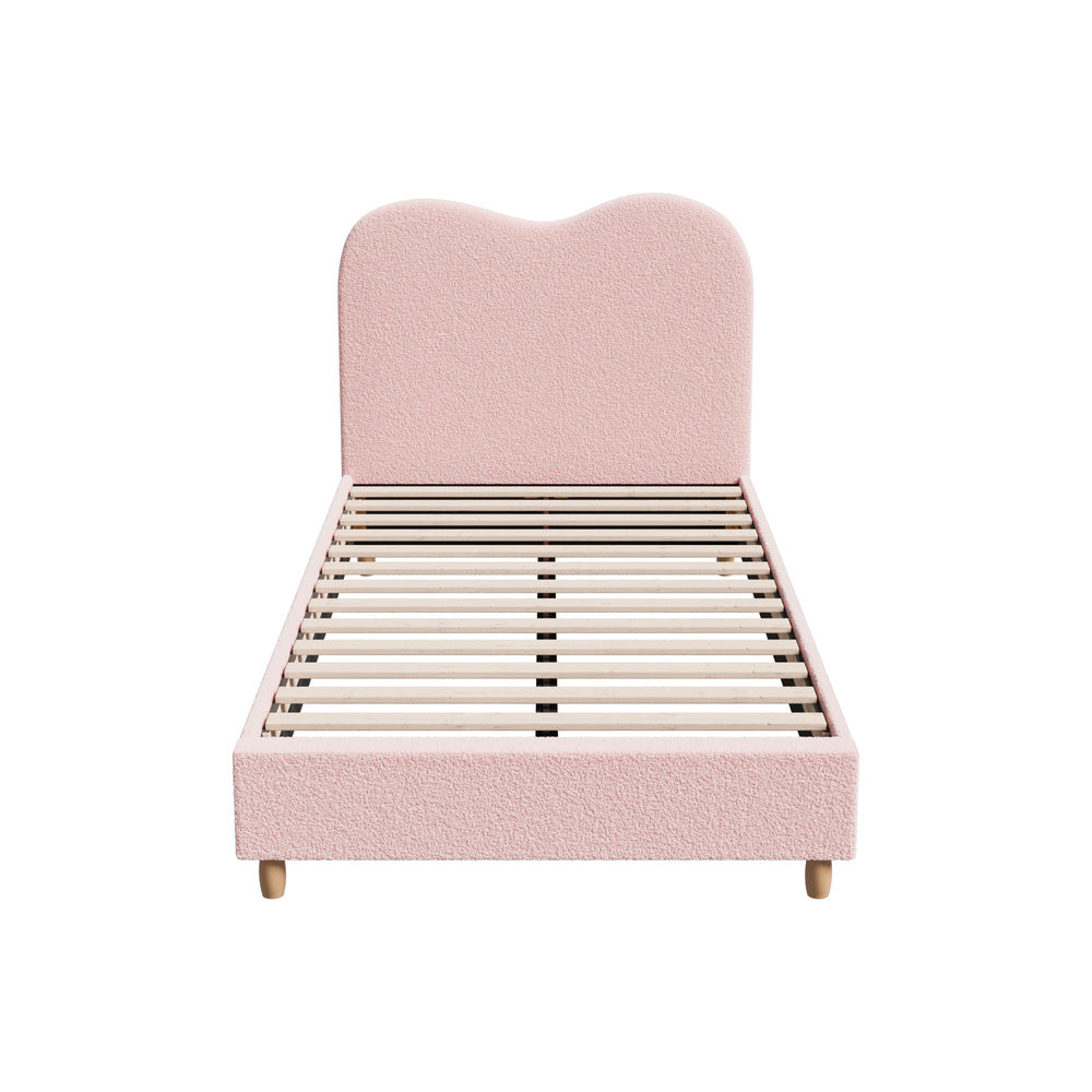 Modern Pink Boucle Bed Frame with Cloud-Shaped Headboard King Single