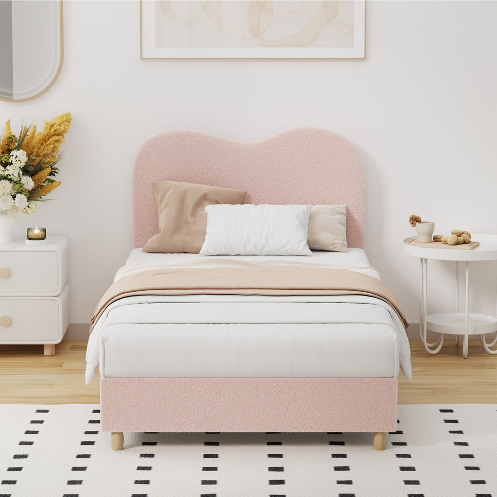 Modern Pink Boucle Bed Frame with Cloud-Shaped Headboard King Single