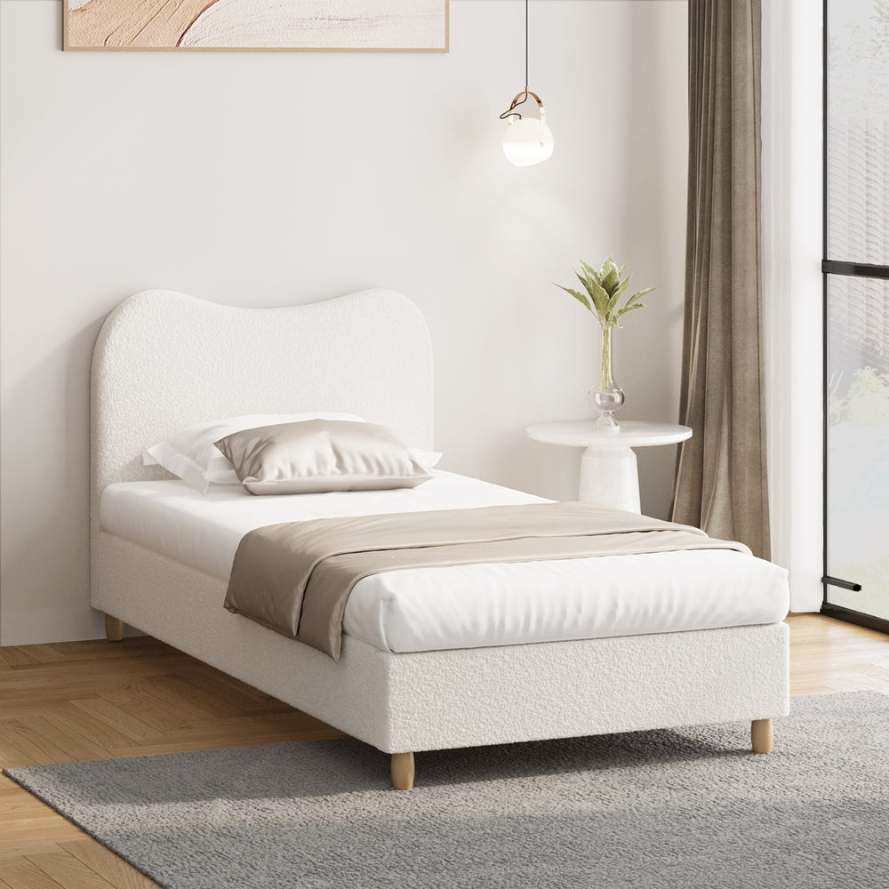 Contemporary White Boucle Bed Frame with Cloud-Shaped Headboard