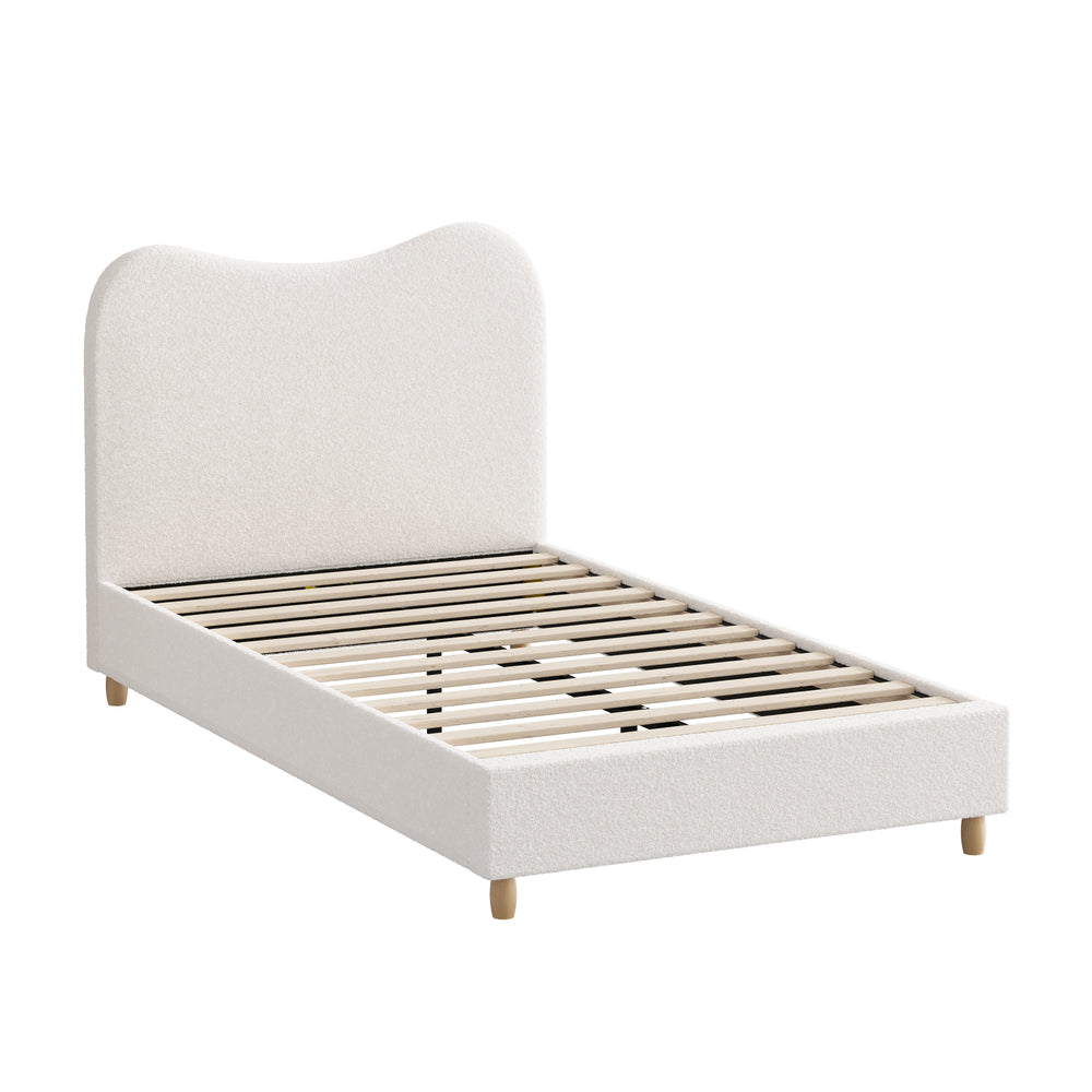 Contemporary White Boucle Bed Frame with Cloud-Shaped Headboard