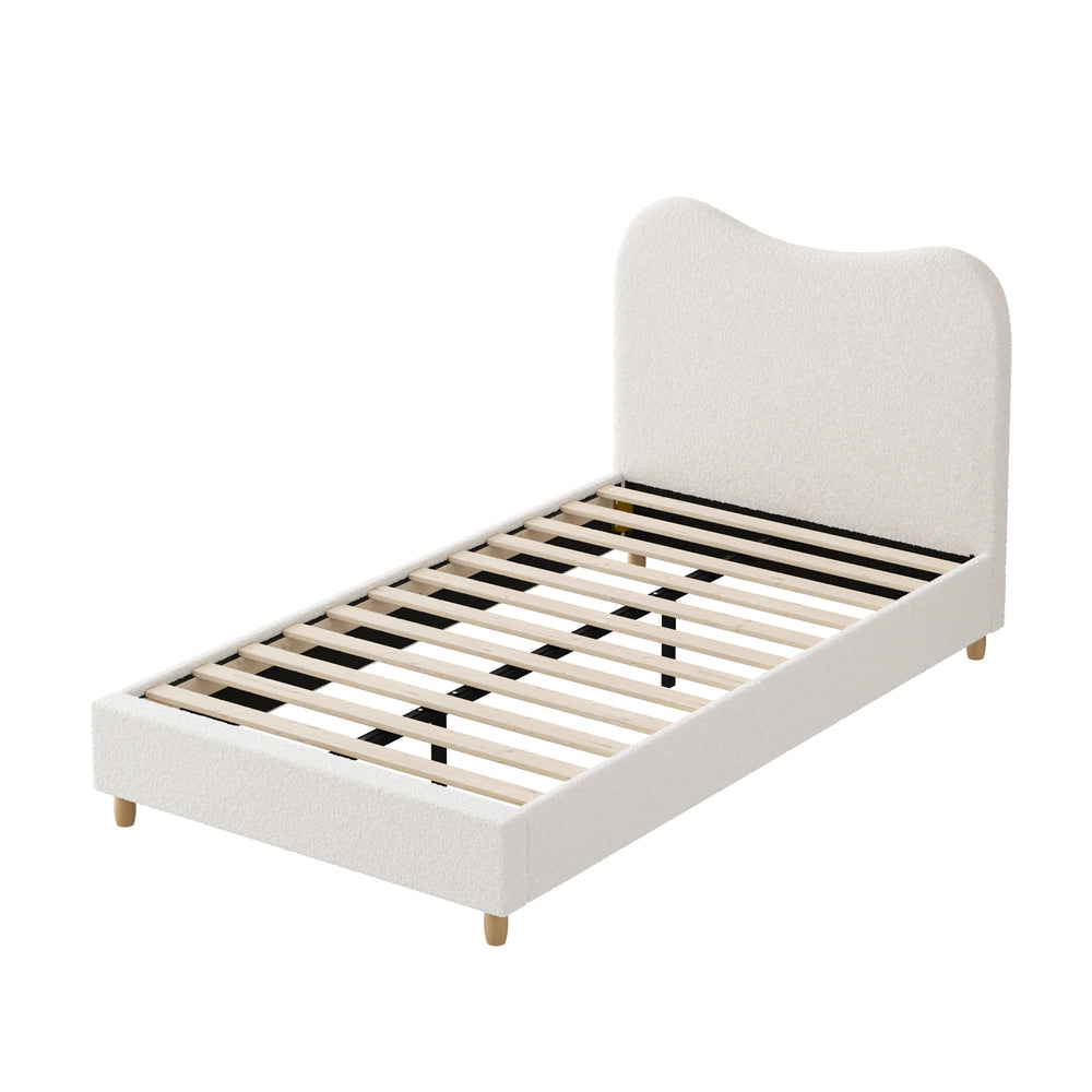 Contemporary White Boucle Bed Frame with Cloud-Shaped Headboard