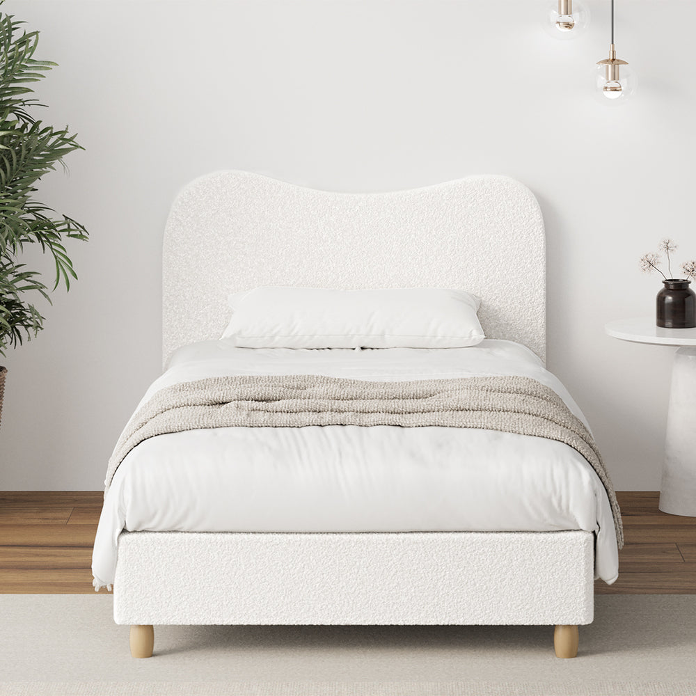 Contemporary White Boucle Bed Frame with Cloud-Shaped Headboard